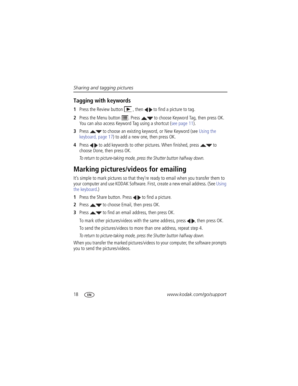 Tagging with keywords, Marking pictures/videos for emailing | Kodak C1450 User Manual | Page 24 / 63