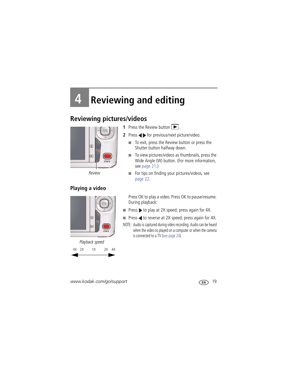 Reviewing and editing, Reviewing pictures/videos, Playing a video | 4 reviewing and editing | Kodak C1450 User Manual | Page 25 / 63