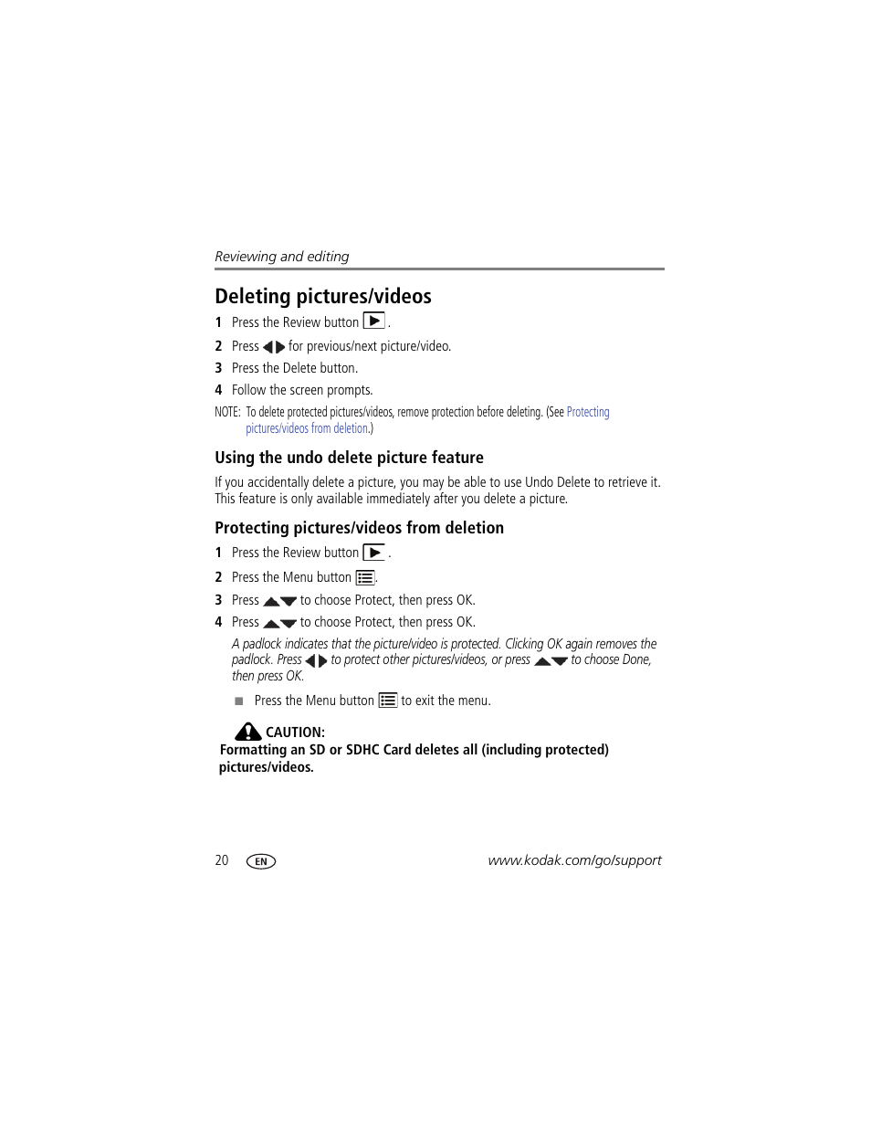Deleting pictures/videos, Using the undo delete picture feature, Protecting pictures/videos from deletion | Kodak C1450 User Manual | Page 26 / 63