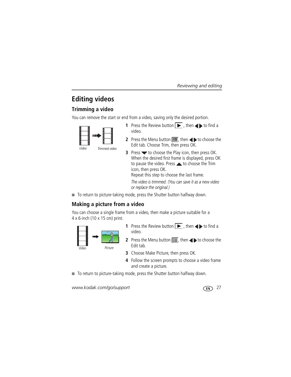 Editing videos, Trimming a video, Making a picture from a video | Kodak C1450 User Manual | Page 33 / 63