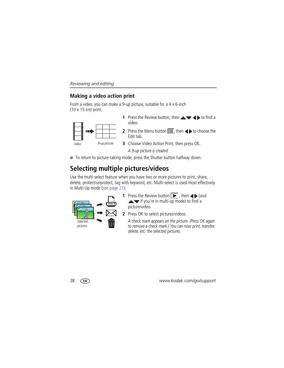 Making a video action print, Selecting multiple pictures/videos | Kodak C1450 User Manual | Page 34 / 63