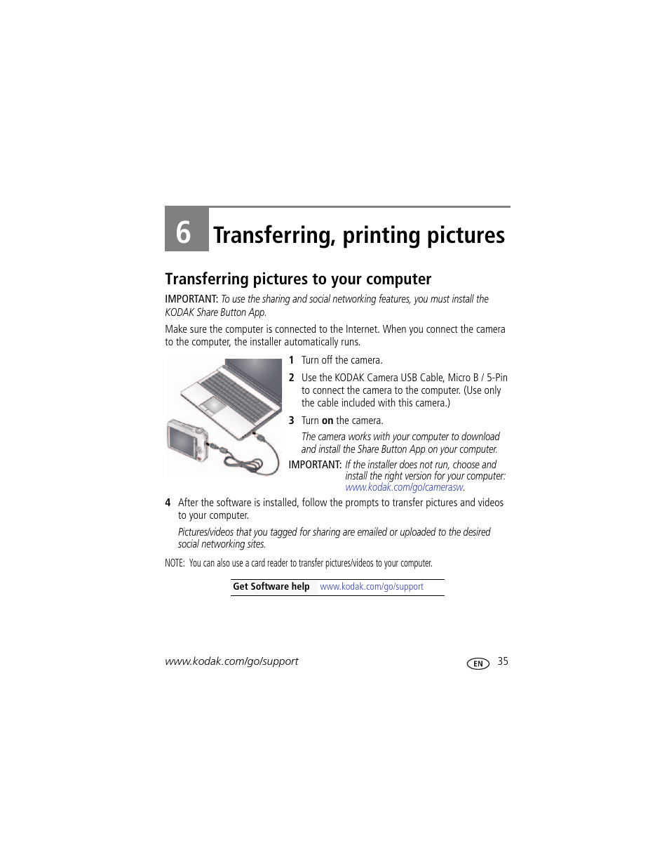 Transferring, printing pictures, Transferring pictures to your computer, 6 transferring, printing pictures | Kodak C1450 User Manual | Page 41 / 63