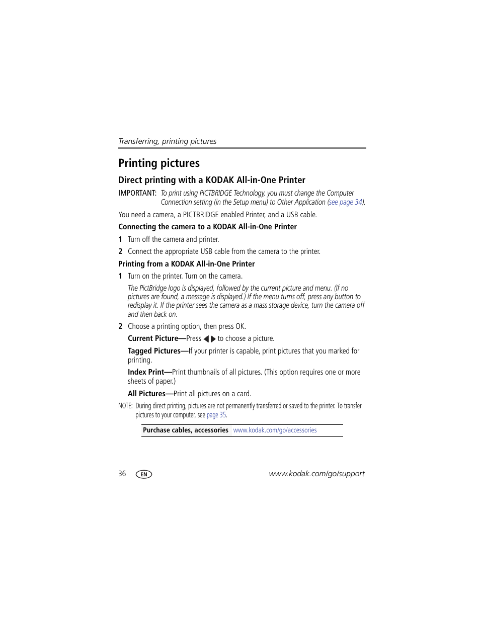Printing pictures, Direct printing with a kodak all-in-one printer, Printing from a kodak all-in-one printer | Kodak C1450 User Manual | Page 42 / 63