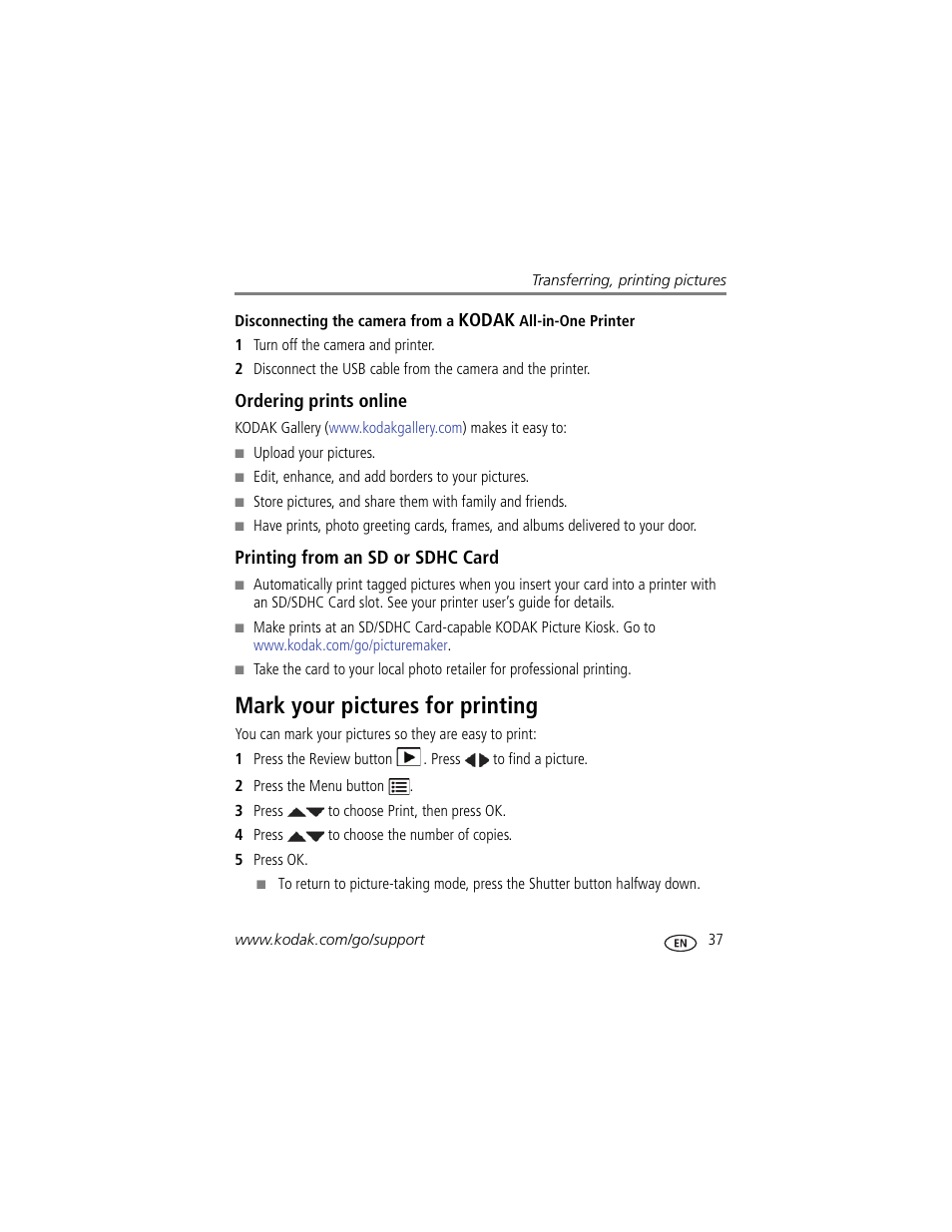 Ordering prints online, Printing from an sd or sdhc card, Mark your pictures for printing | Kodak C1450 User Manual | Page 43 / 63