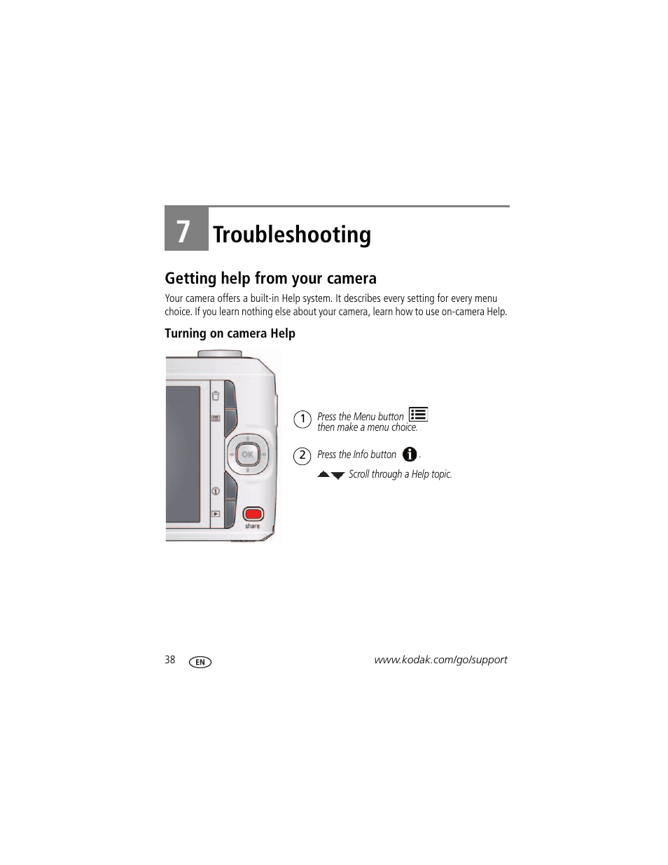 Troubleshooting, Getting help from your camera, Turning on camera help | 7 troubleshooting | Kodak C1450 User Manual | Page 44 / 63