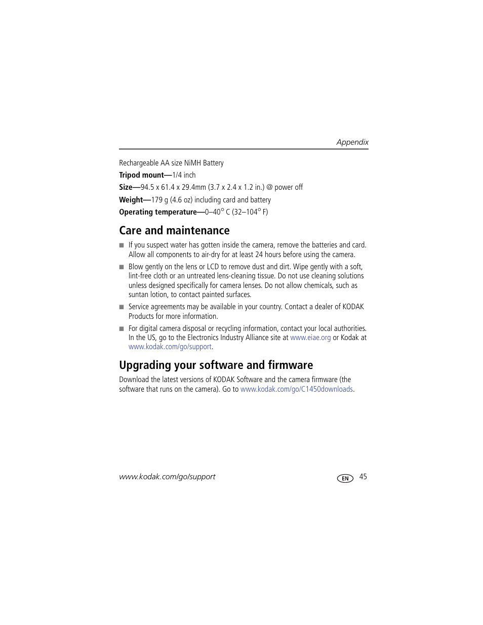 Care and maintenance, Upgrading your software and firmware, The lens | Kodak C1450 User Manual | Page 51 / 63