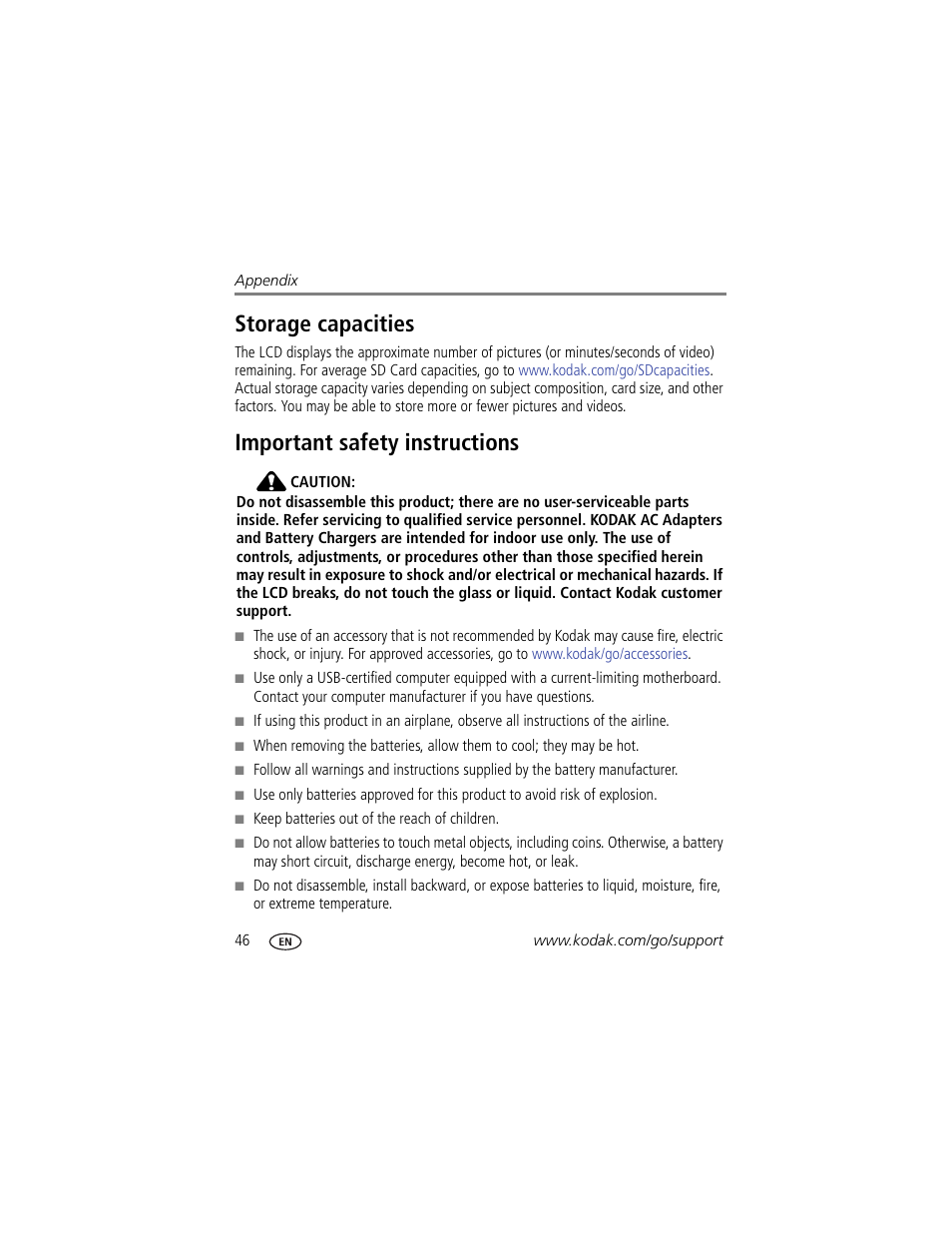 Storage capacities, Important safety instructions, Storage capacities important safety instructions | Kodak C1450 User Manual | Page 52 / 63