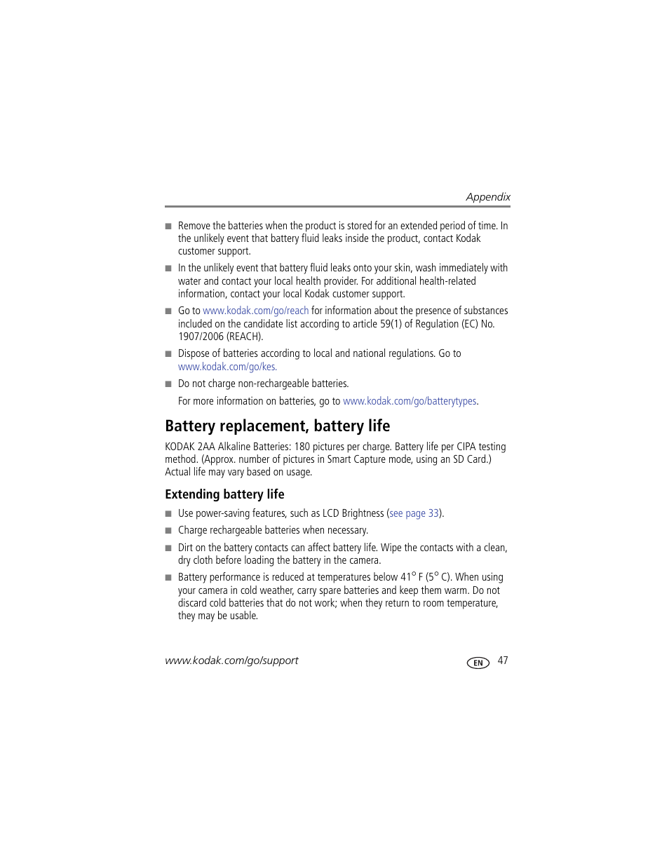 Battery replacement, battery life, Extending battery life, Alled | Kodak C1450 User Manual | Page 53 / 63