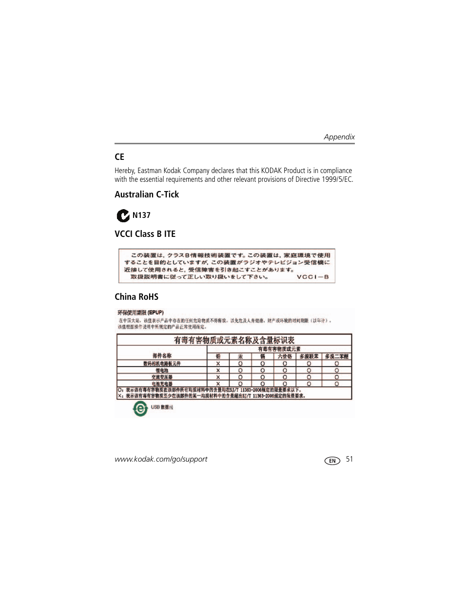 Australian c-tick, Vcci class b ite, China rohs | Kodak C1450 User Manual | Page 57 / 63