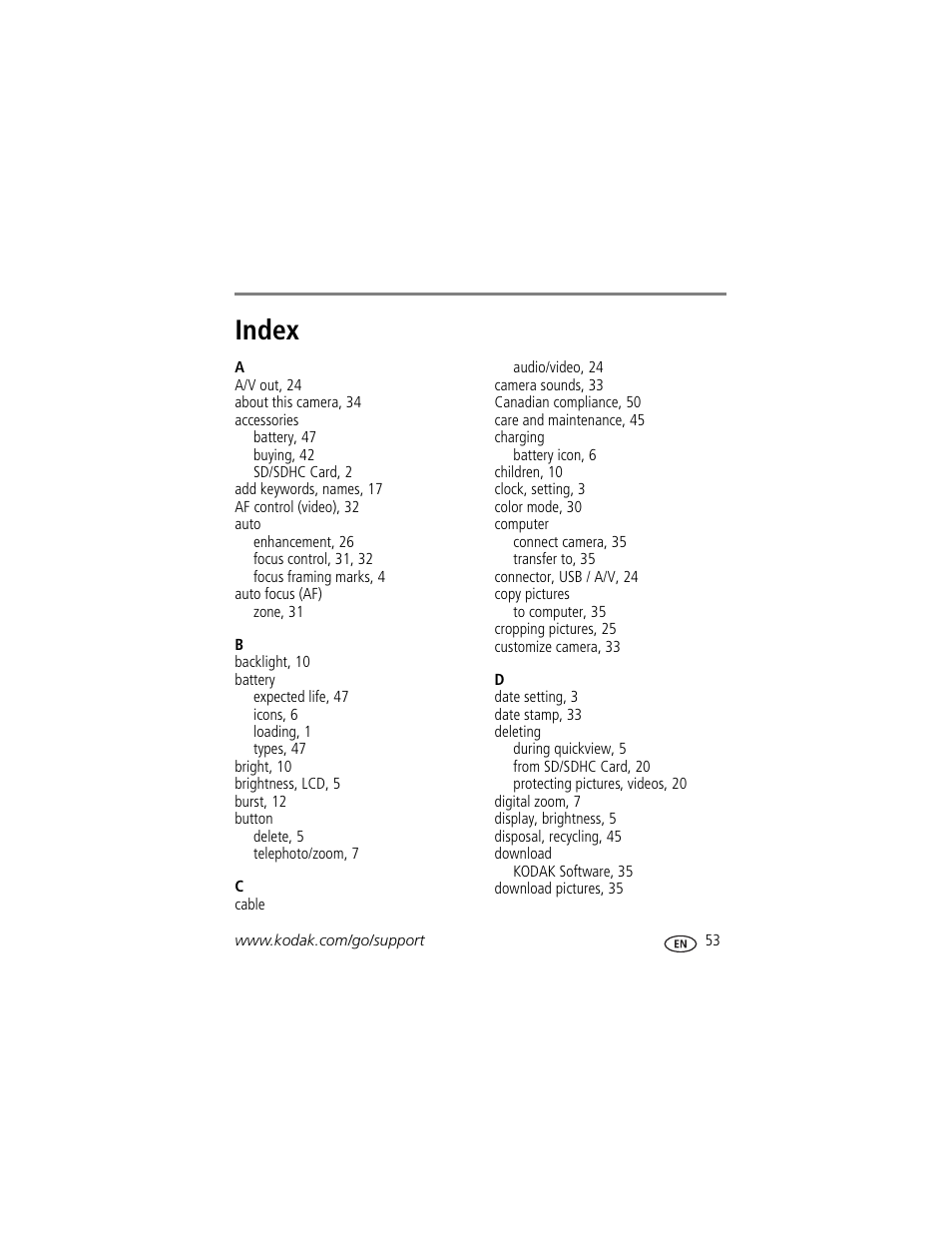 Index | Kodak C1450 User Manual | Page 59 / 63
