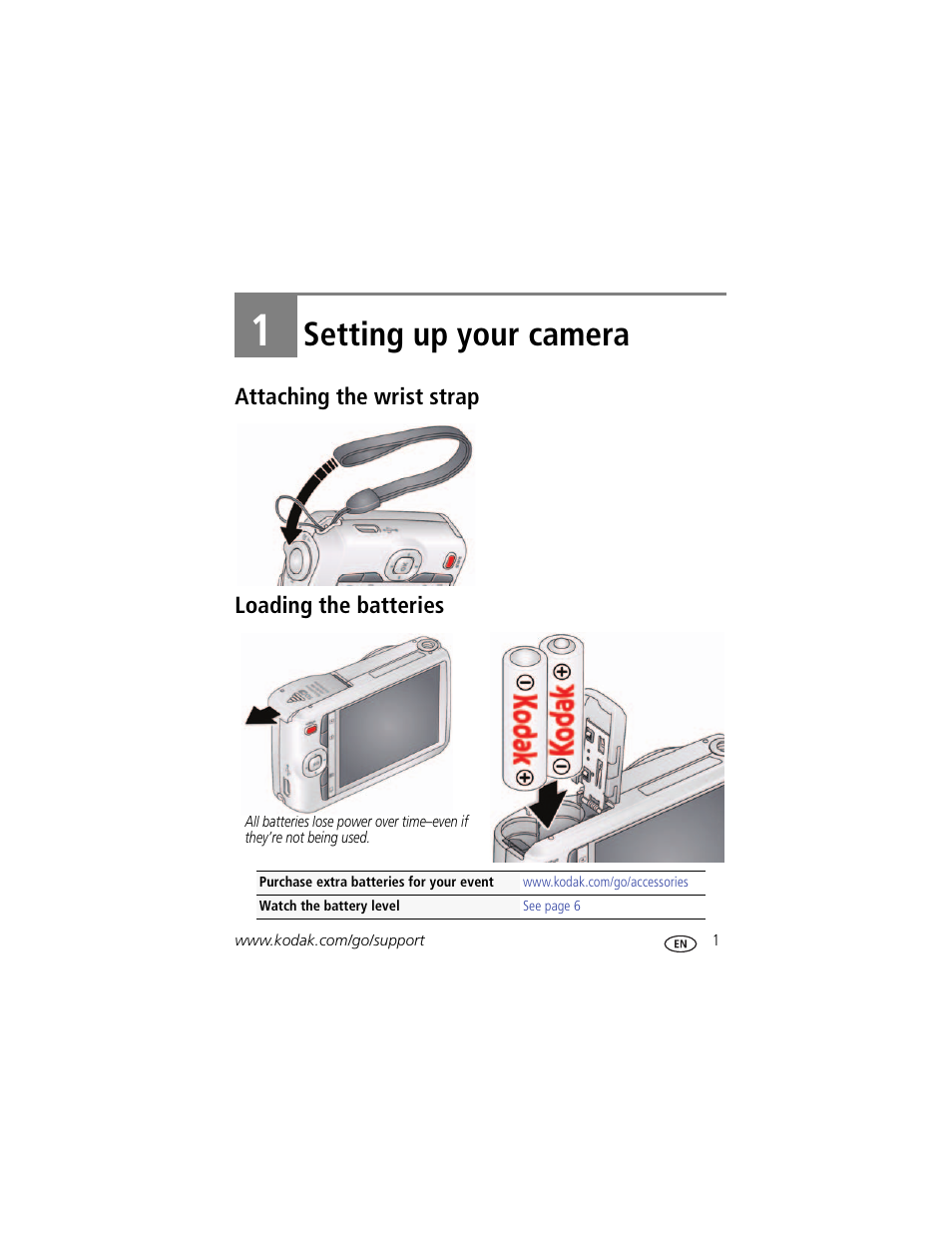 Setting up your camera, Attaching the wrist strap, Loading the batteries | 1 setting up your camera, Attaching the wrist strap loading the batteries | Kodak C1450 User Manual | Page 7 / 63