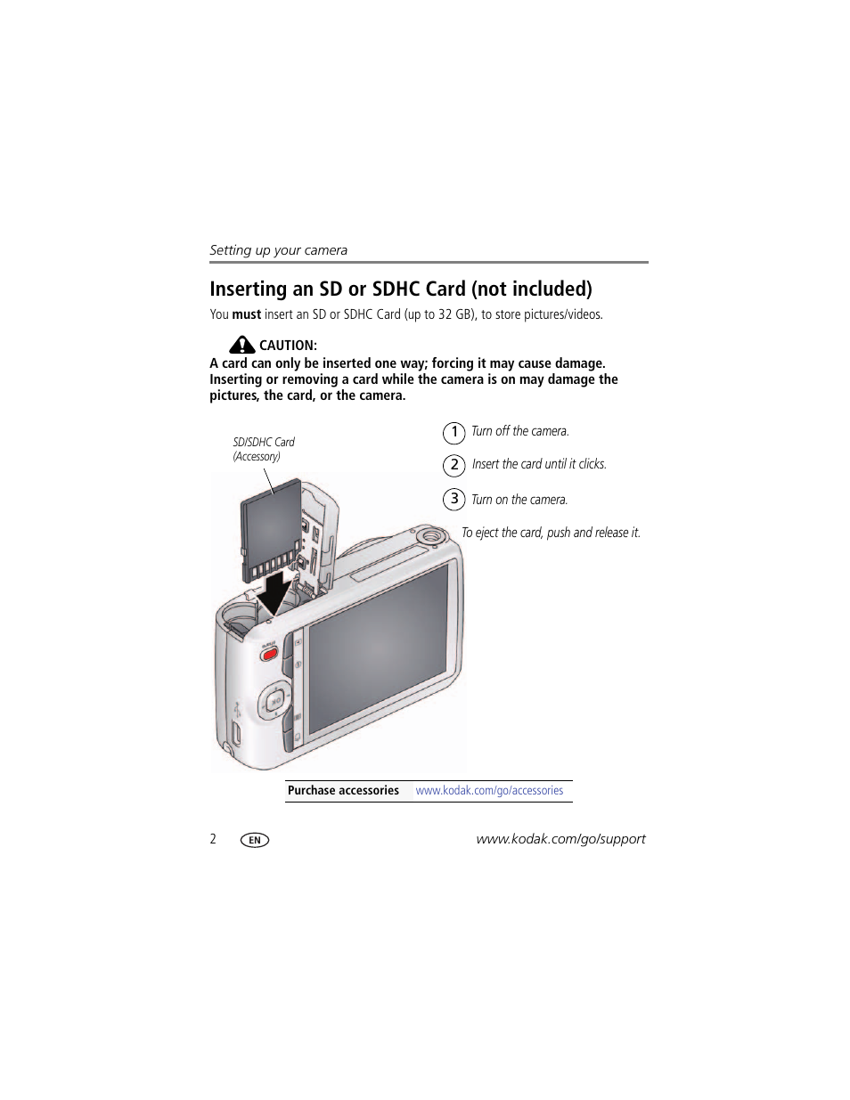 Inserting an sd or sdhc card (not included) | Kodak C1450 User Manual | Page 8 / 63