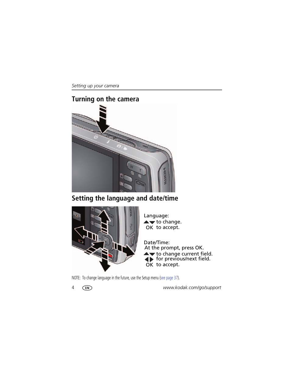 Turning on the camera, Setting the language and date/time | Kodak M580 User Manual | Page 10 / 68
