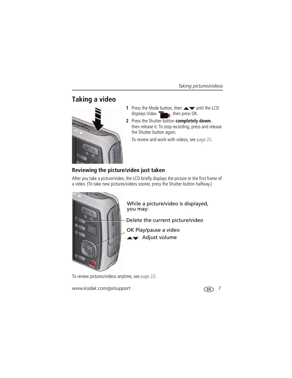 Taking a video, Reviewing the picture/video just taken | Kodak M580 User Manual | Page 13 / 68