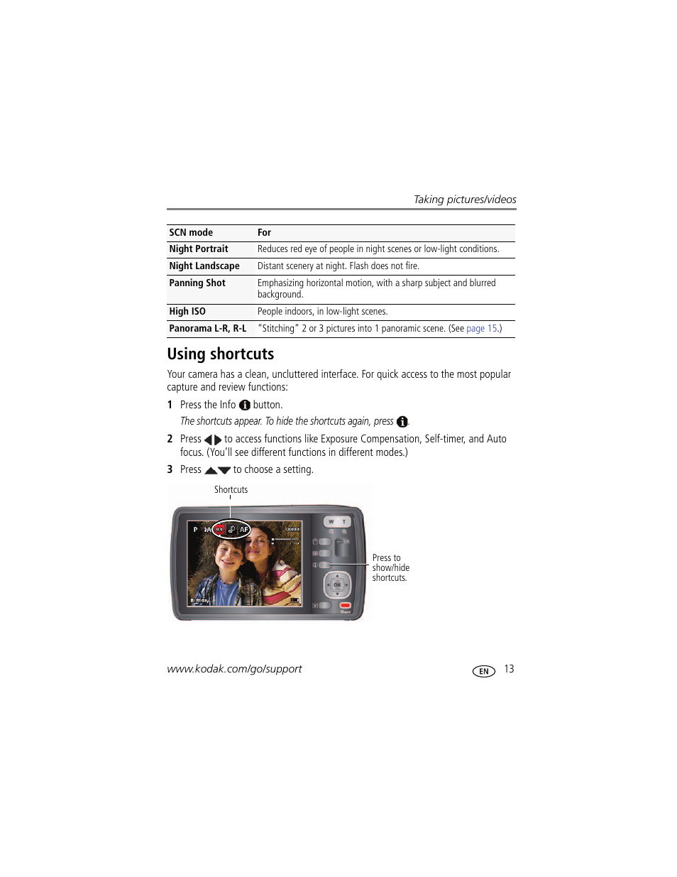 Using shortcuts | Kodak M580 User Manual | Page 19 / 68