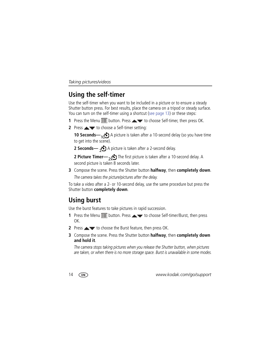 Using the self-timer, Using burst, Using the self-timer using burst | Kodak M580 User Manual | Page 20 / 68