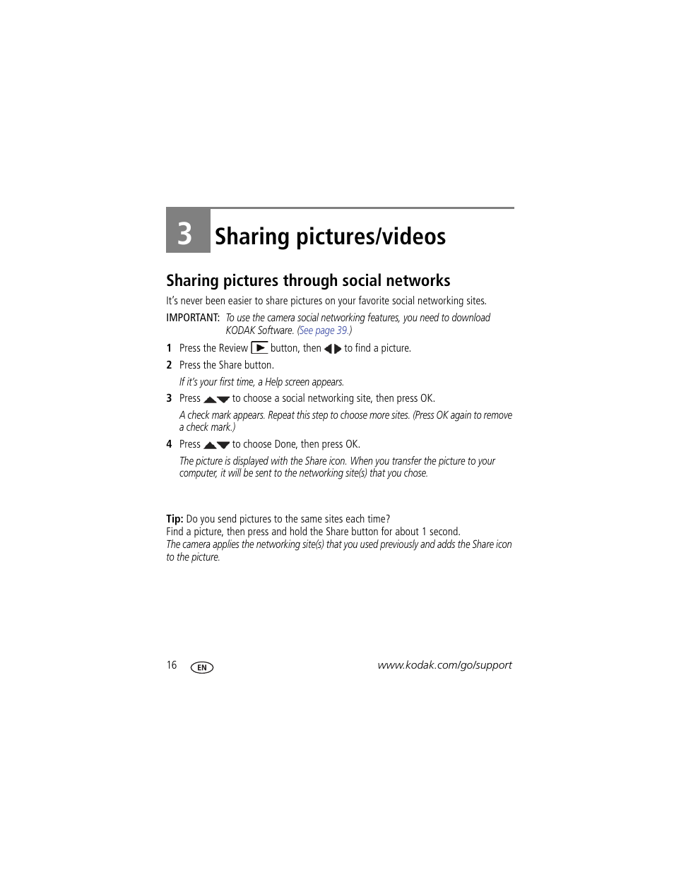 Sharing pictures/videos, Sharing pictures through social networks, 3 sharing pictures/videos | Kodak M580 User Manual | Page 22 / 68