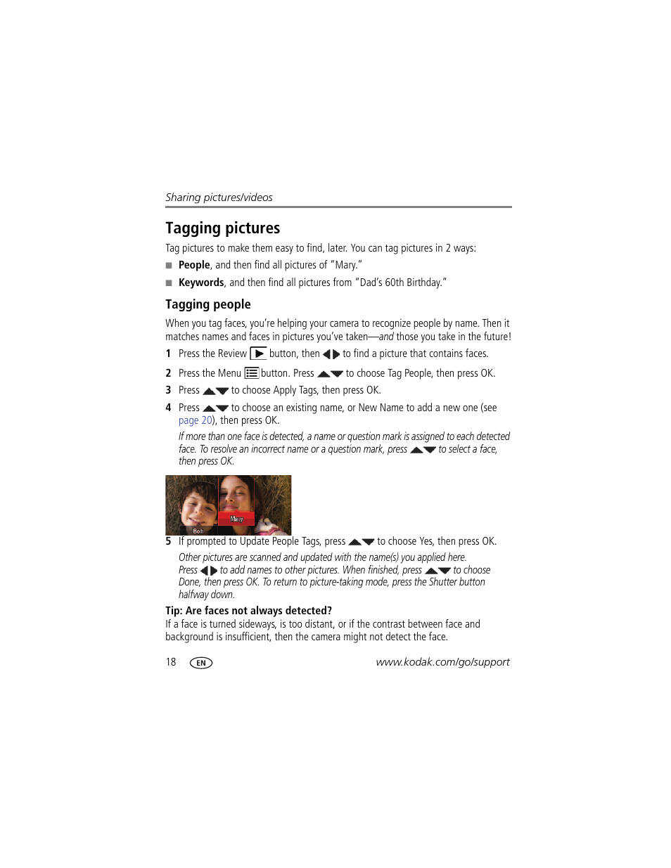 Tagging pictures, Tagging people | Kodak M580 User Manual | Page 24 / 68