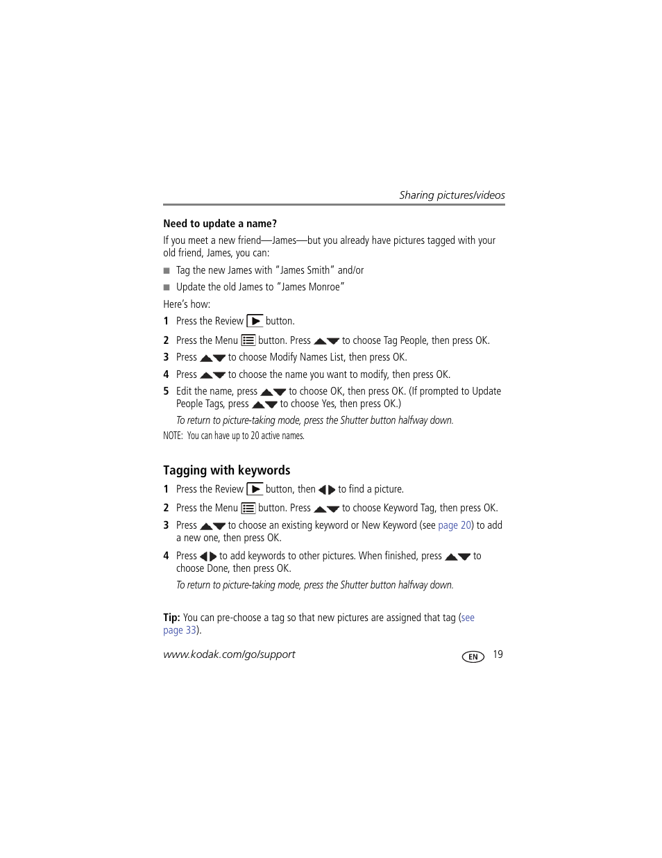 Need to update a name, Tagging with keywords | Kodak M580 User Manual | Page 25 / 68