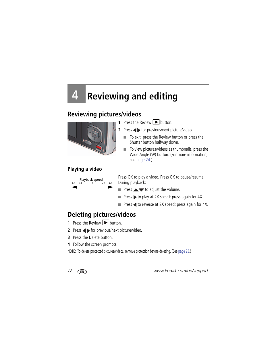 Reviewing and editing, Reviewing pictures/videos, Playing a video | Deleting pictures/videos, 4 reviewing and editing, Reviewing pictures/videos deleting pictures/videos | Kodak M580 User Manual | Page 28 / 68