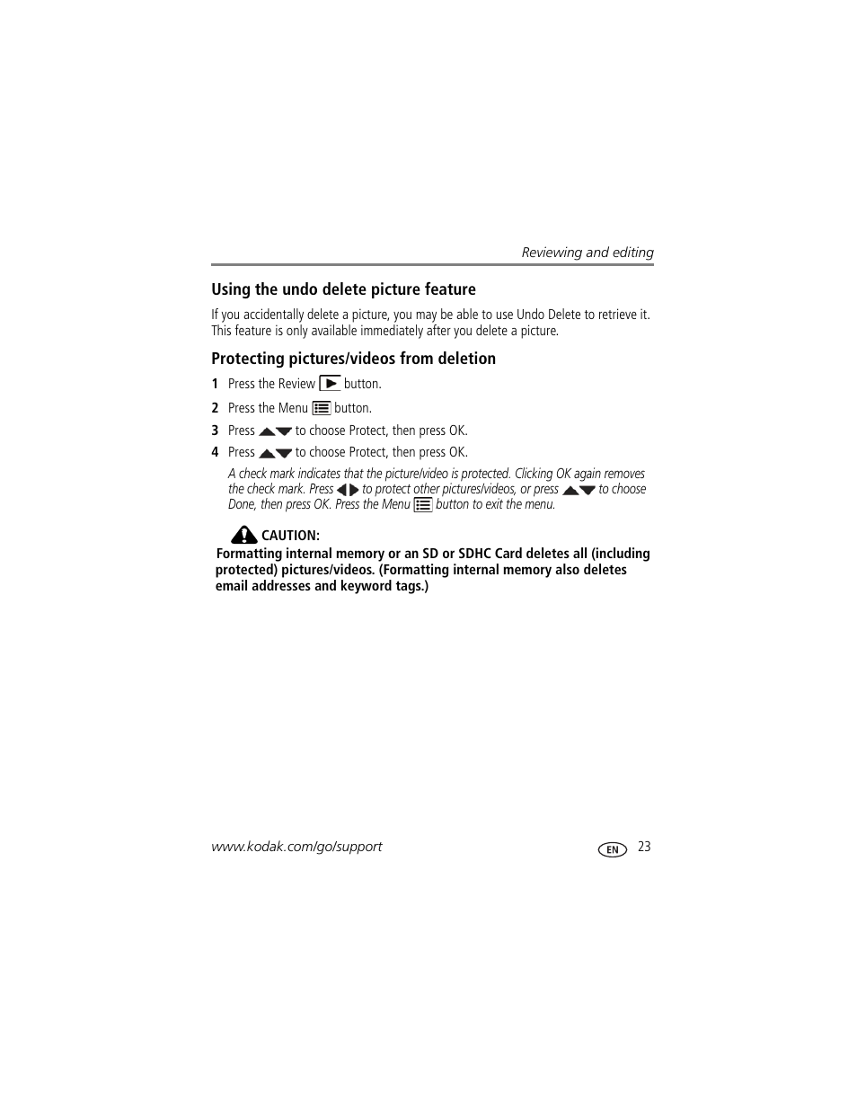 Using the undo delete picture feature, Protecting pictures/videos from deletion, Ng. (see | Kodak M580 User Manual | Page 29 / 68