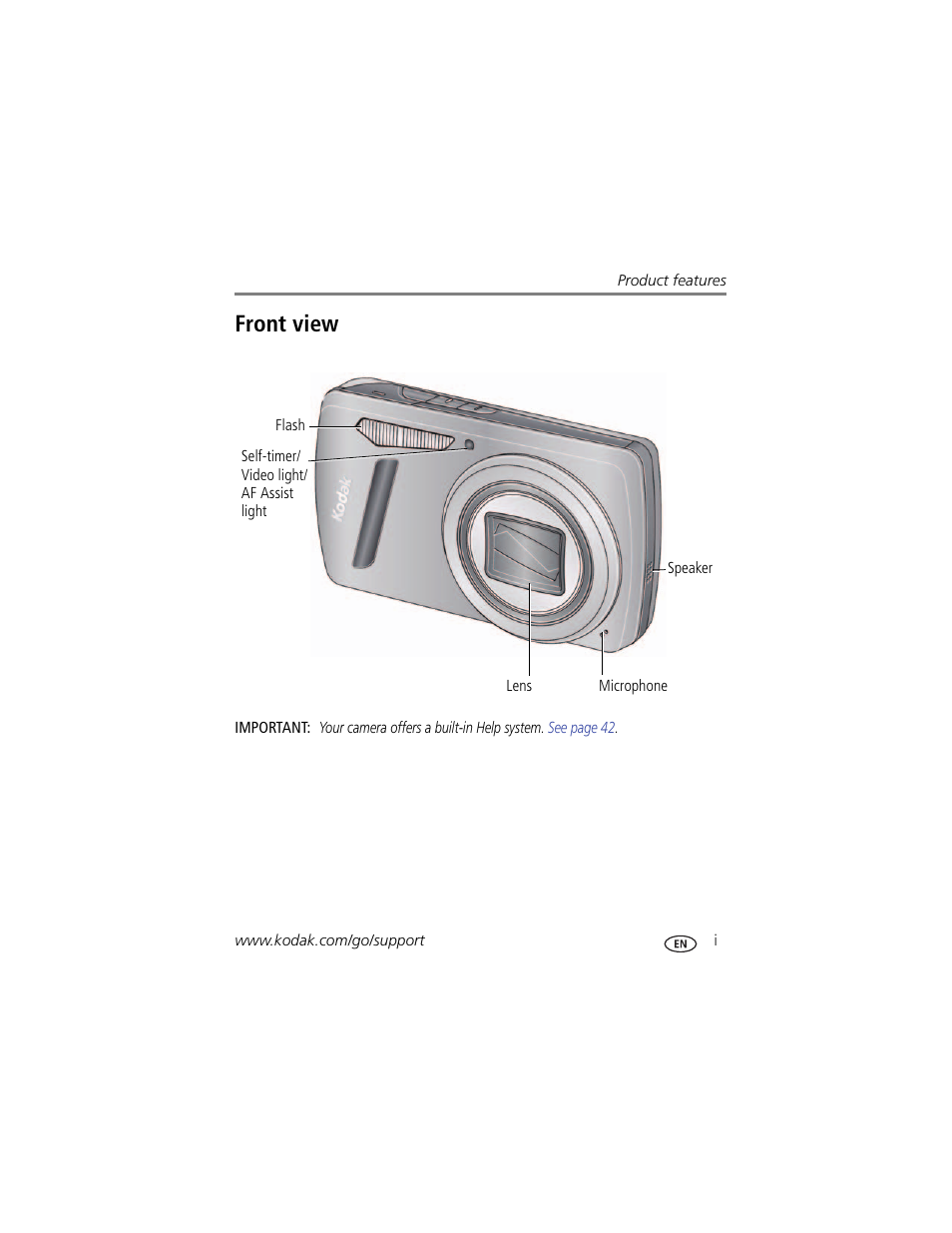 Product features, Front view | Kodak M580 User Manual | Page 3 / 68