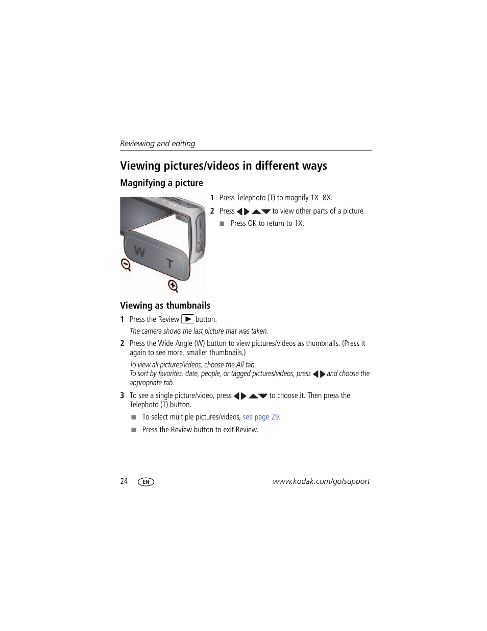 Viewing pictures/videos in different ways, Magnifying a picture, Viewing as thumbnails | Kodak M580 User Manual | Page 30 / 68