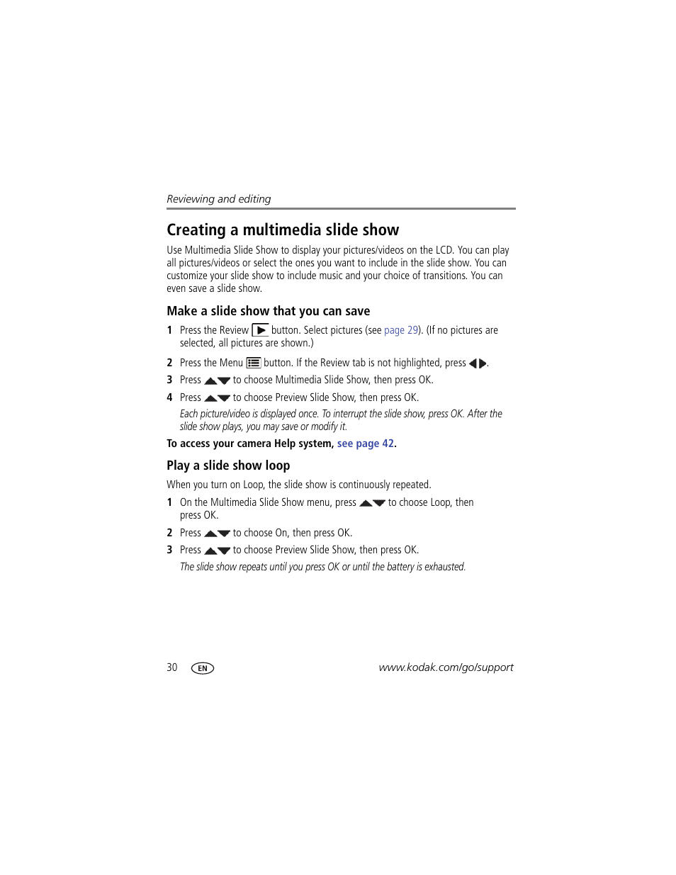 Creating a multimedia slide show, Make a slide show that you can save, Play a slide show loop | Kodak M580 User Manual | Page 36 / 68
