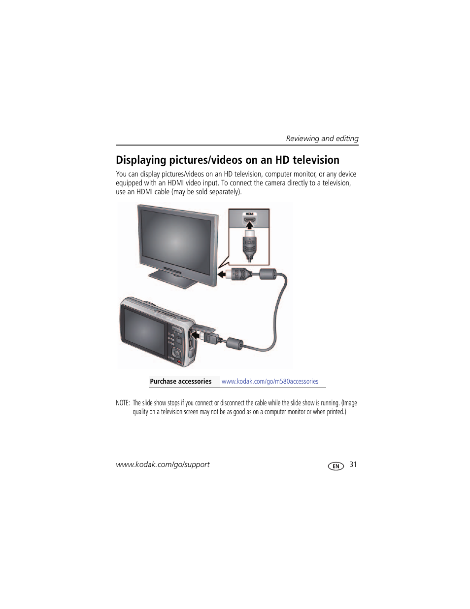 Displaying pictures/videos on an hd television | Kodak M580 User Manual | Page 37 / 68