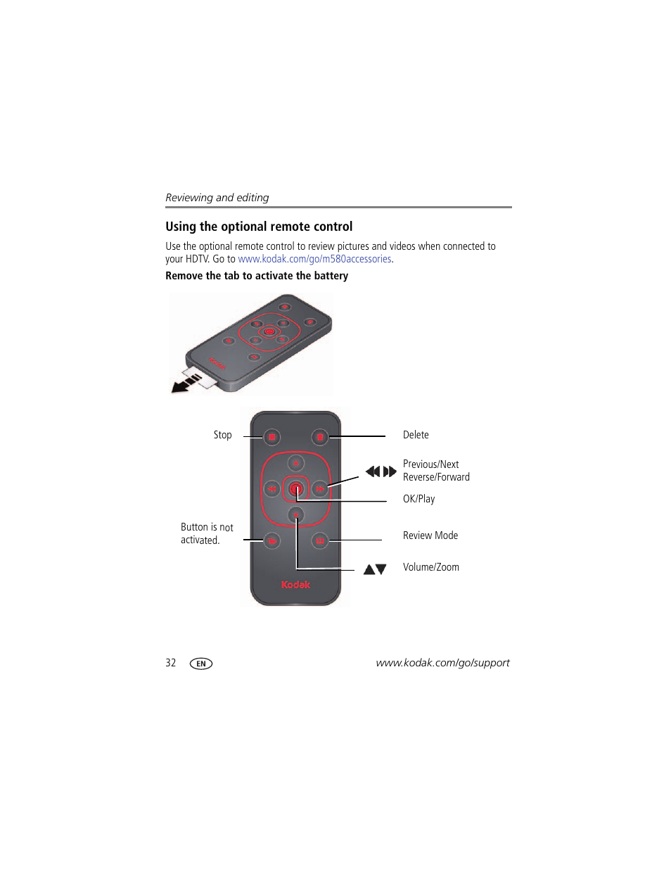 Using the optional remote control, Remove the tab to activate the battery | Kodak M580 User Manual | Page 38 / 68