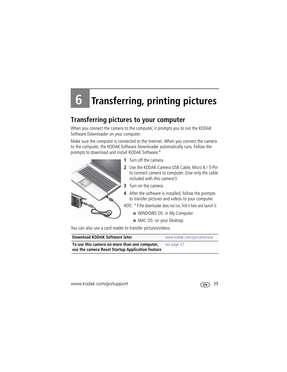 Transferring, printing pictures, Transferring pictures to your computer, 6 transferring, printing pictures | Kodak M580 User Manual | Page 45 / 68