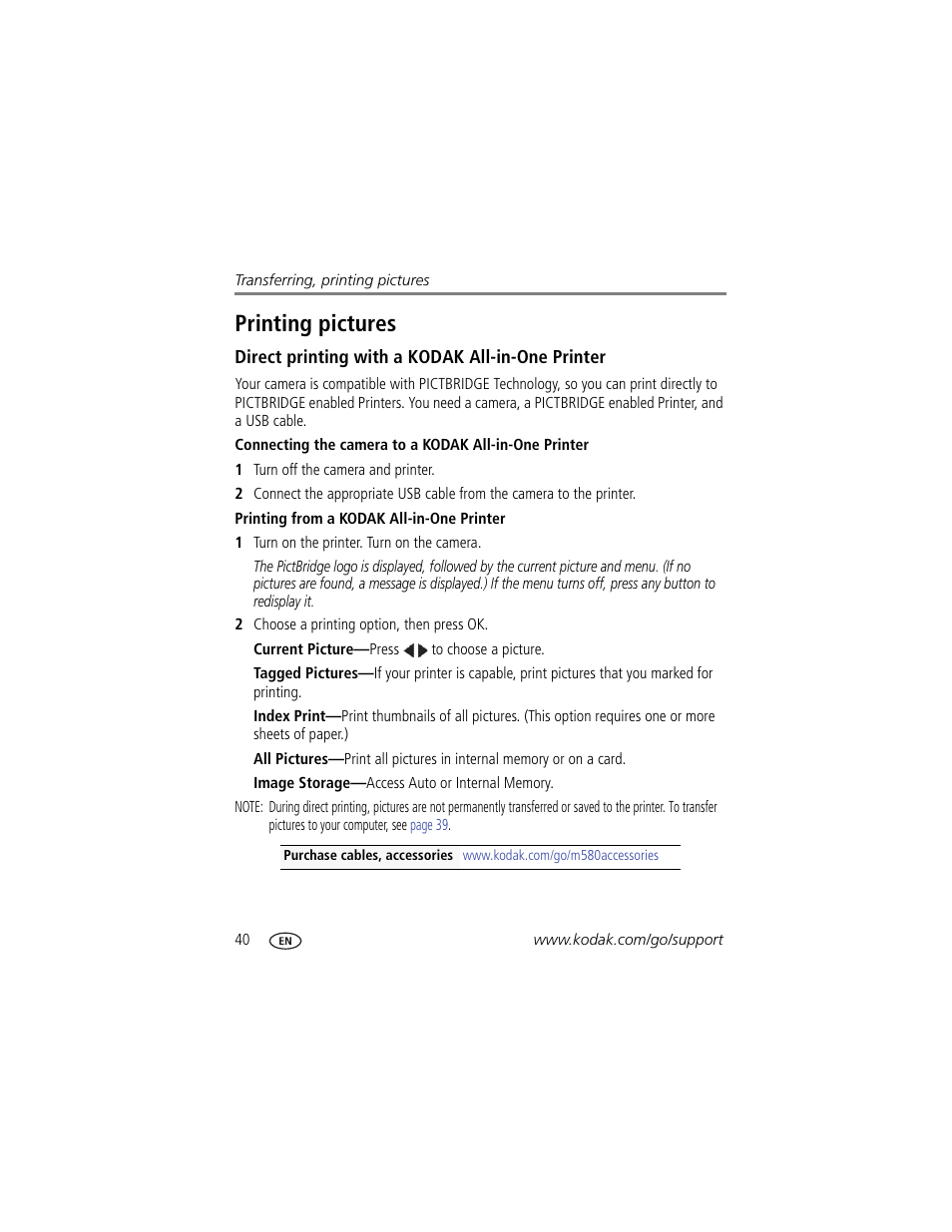 Printing pictures, Direct printing with a kodak all-in-one printer, Printing from a kodak all-in-one printer | Kodak M580 User Manual | Page 46 / 68