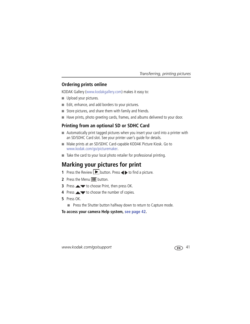Ordering prints online, Printing from an optional sd or sdhc card, Marking your pictures for print | Kodak M580 User Manual | Page 47 / 68