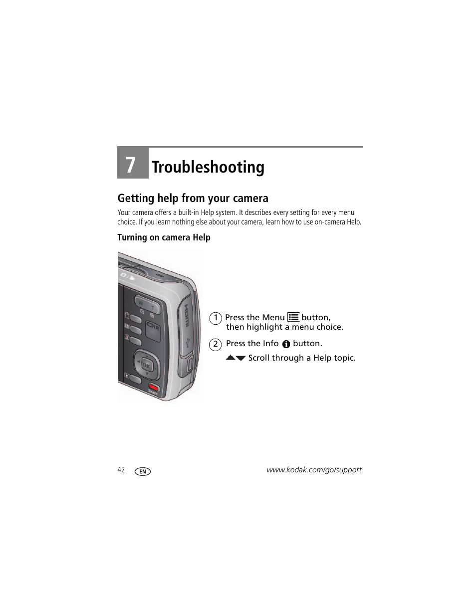 Troubleshooting, Getting help from your camera, Turning on camera help | 7 troubleshooting | Kodak M580 User Manual | Page 48 / 68
