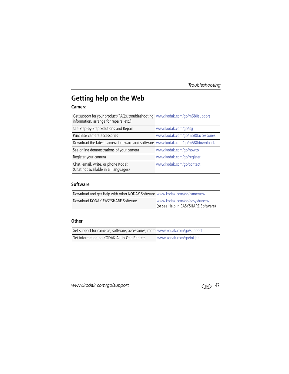 Getting help on the web | Kodak M580 User Manual | Page 53 / 68