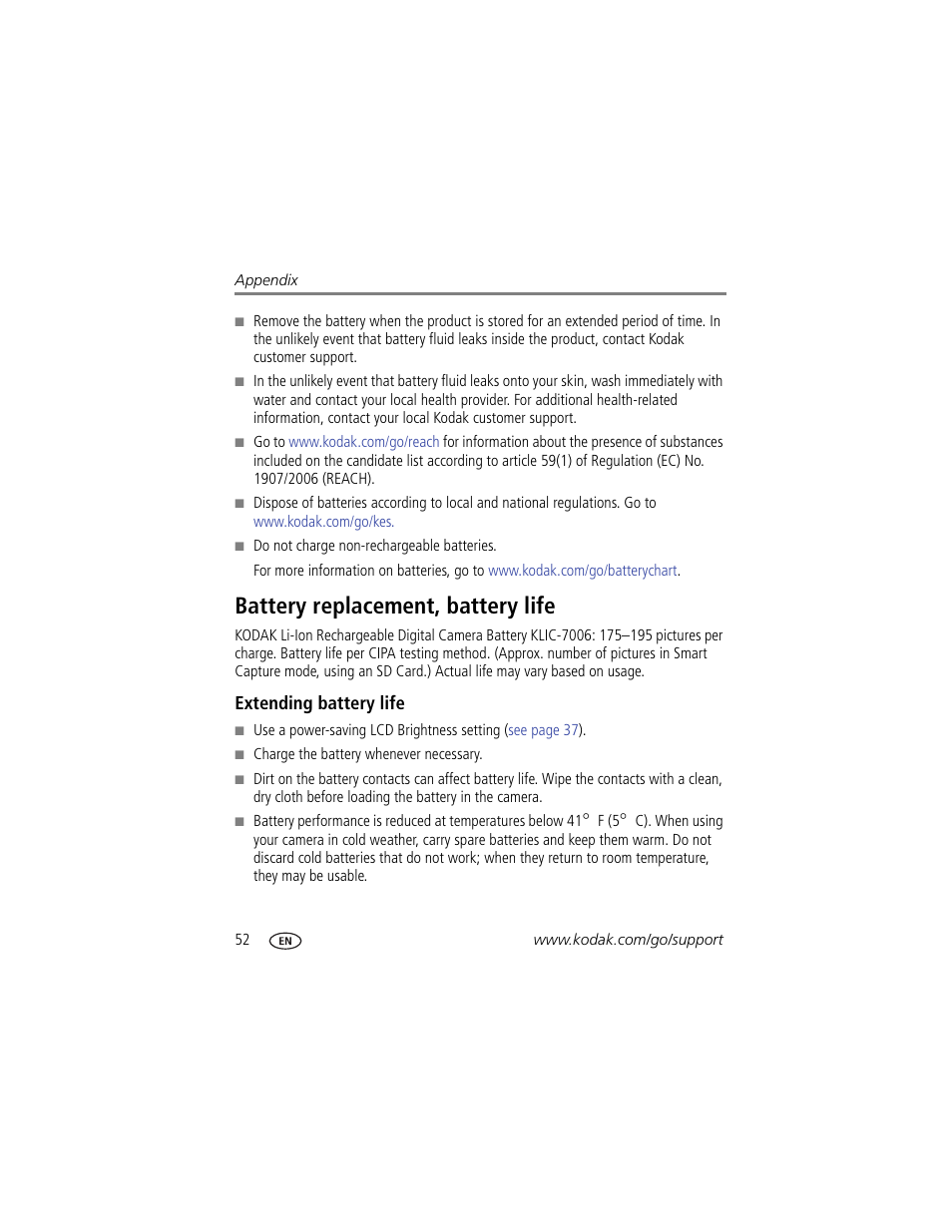 Battery replacement, battery life, Extending battery life | Kodak M580 User Manual | Page 58 / 68