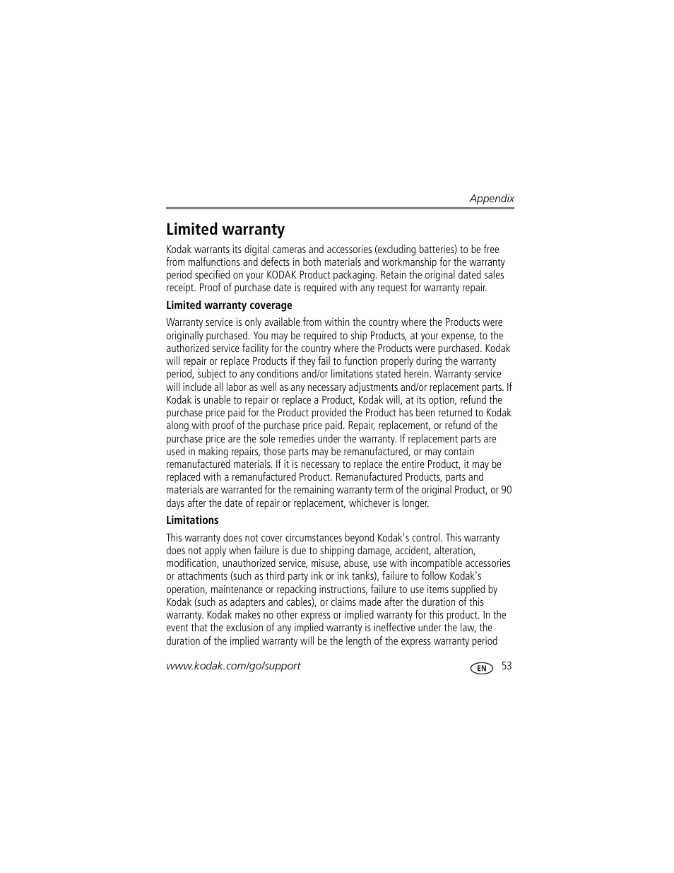 Limited warranty | Kodak M580 User Manual | Page 59 / 68