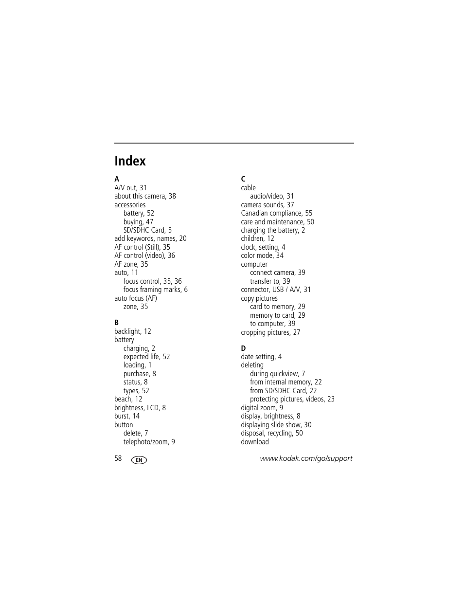 Index | Kodak M580 User Manual | Page 64 / 68