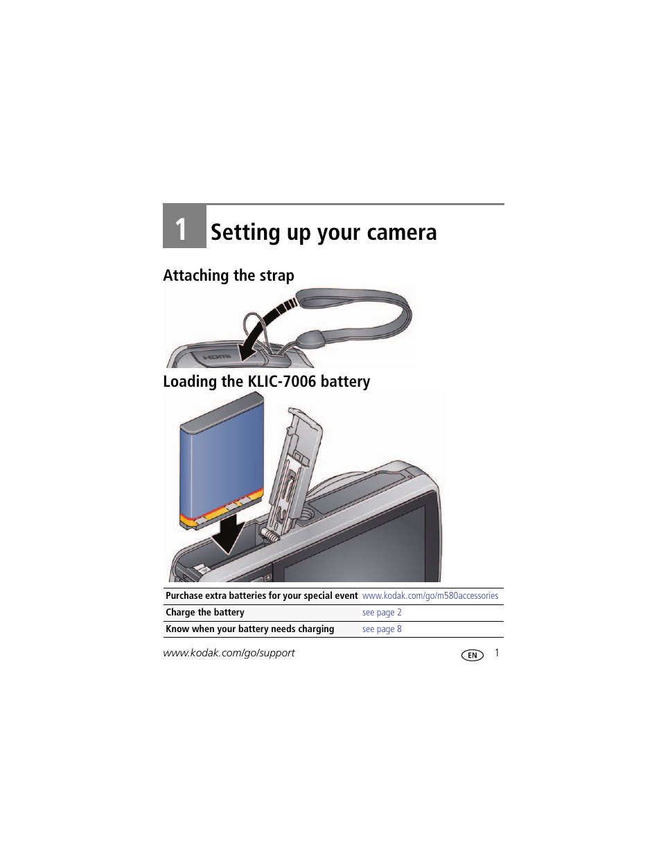 Setting up your camera, Attaching the strap, Loading the klic-7006 battery | 1 setting up your camera, Attaching the strap loading the klic-7006 battery | Kodak M580 User Manual | Page 7 / 68