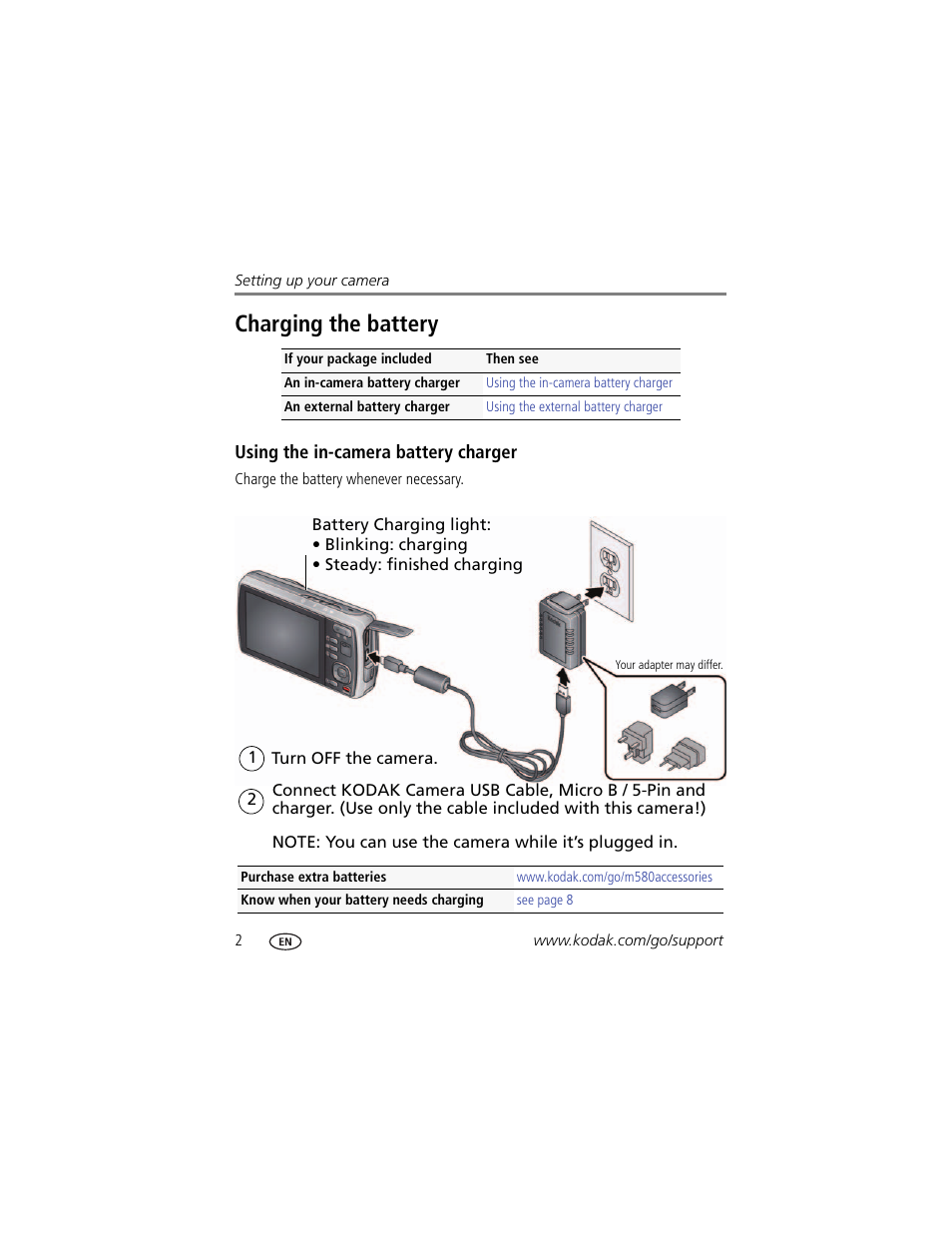 Charging the battery, Using the in-camera battery charger | Kodak M580 User Manual | Page 8 / 68