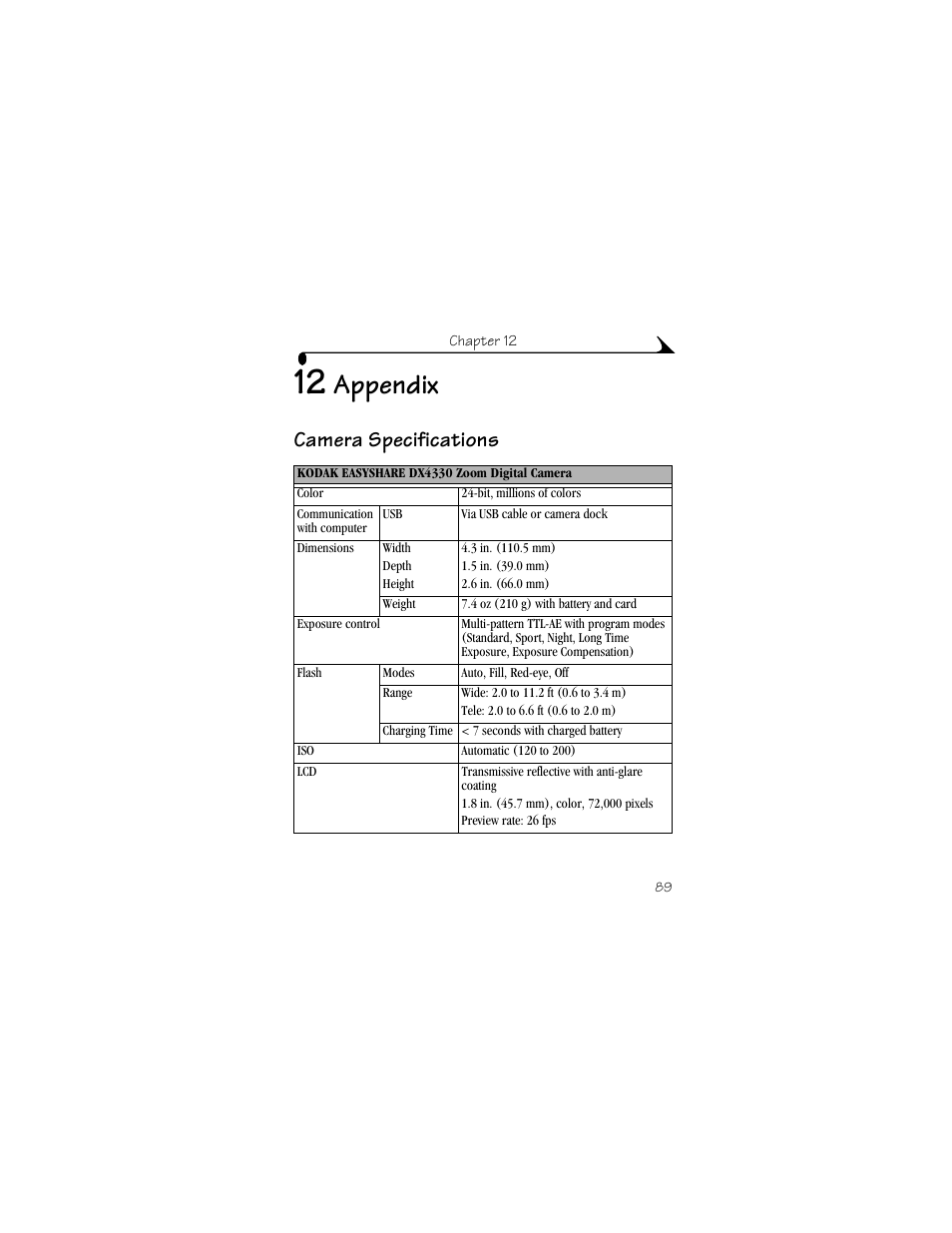 12 appendix, Camera specifications, Appendix | Kodak DX4330 User Manual | Page 101 / 120