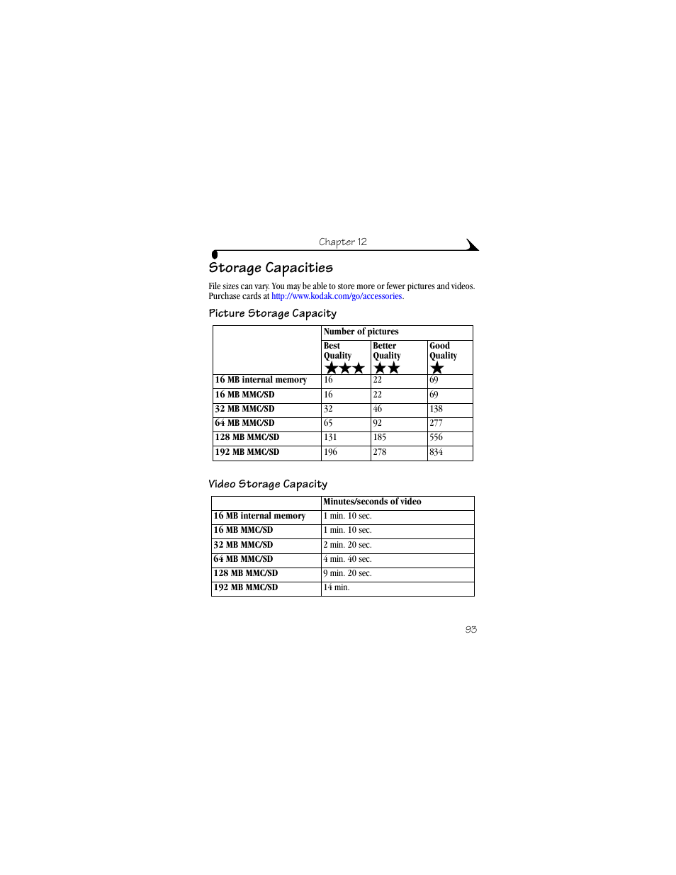 Storage capacities, Picture storage capacity, Video storage capacity | Kodak DX4330 User Manual | Page 105 / 120