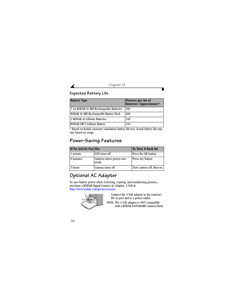 Expected battery life, Power-saving features, Optional ac adapter | Power-saving features optional ac adapter | Kodak DX4330 User Manual | Page 108 / 120