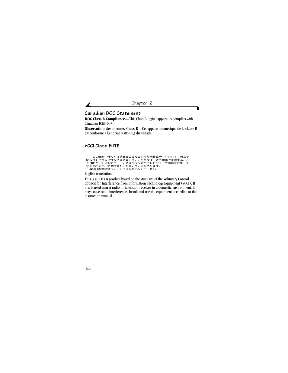 Canadian doc statement, Vcci class b ite | Kodak DX4330 User Manual | Page 110 / 120