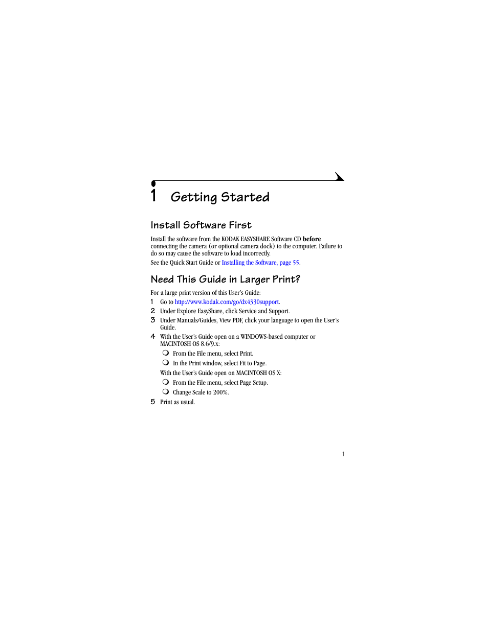 1 getting started, Install software first, Need this guide in larger print | Getting started | Kodak DX4330 User Manual | Page 13 / 120
