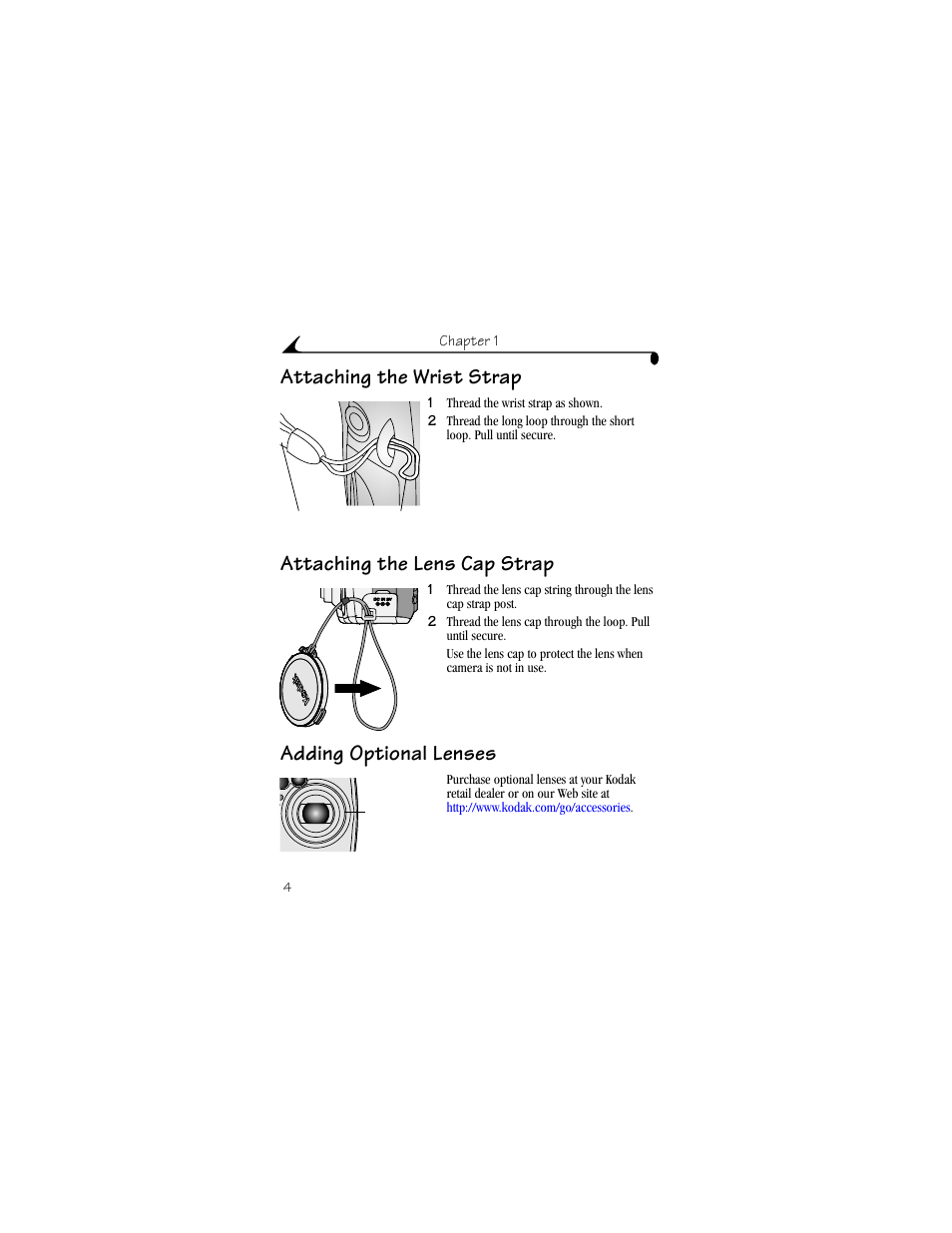 Attaching the wrist strap, Attaching the lens cap strap, Adding optional lenses | Kodak DX4330 User Manual | Page 16 / 120