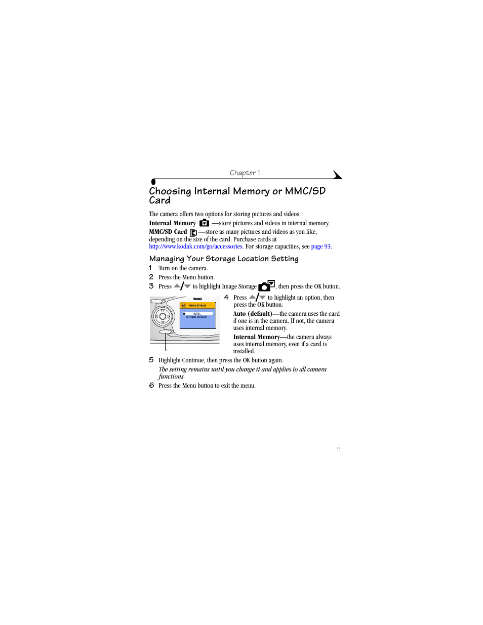 Choosing internal memory or mmc/sd card, Managing your storage location setting | Kodak DX4330 User Manual | Page 23 / 120