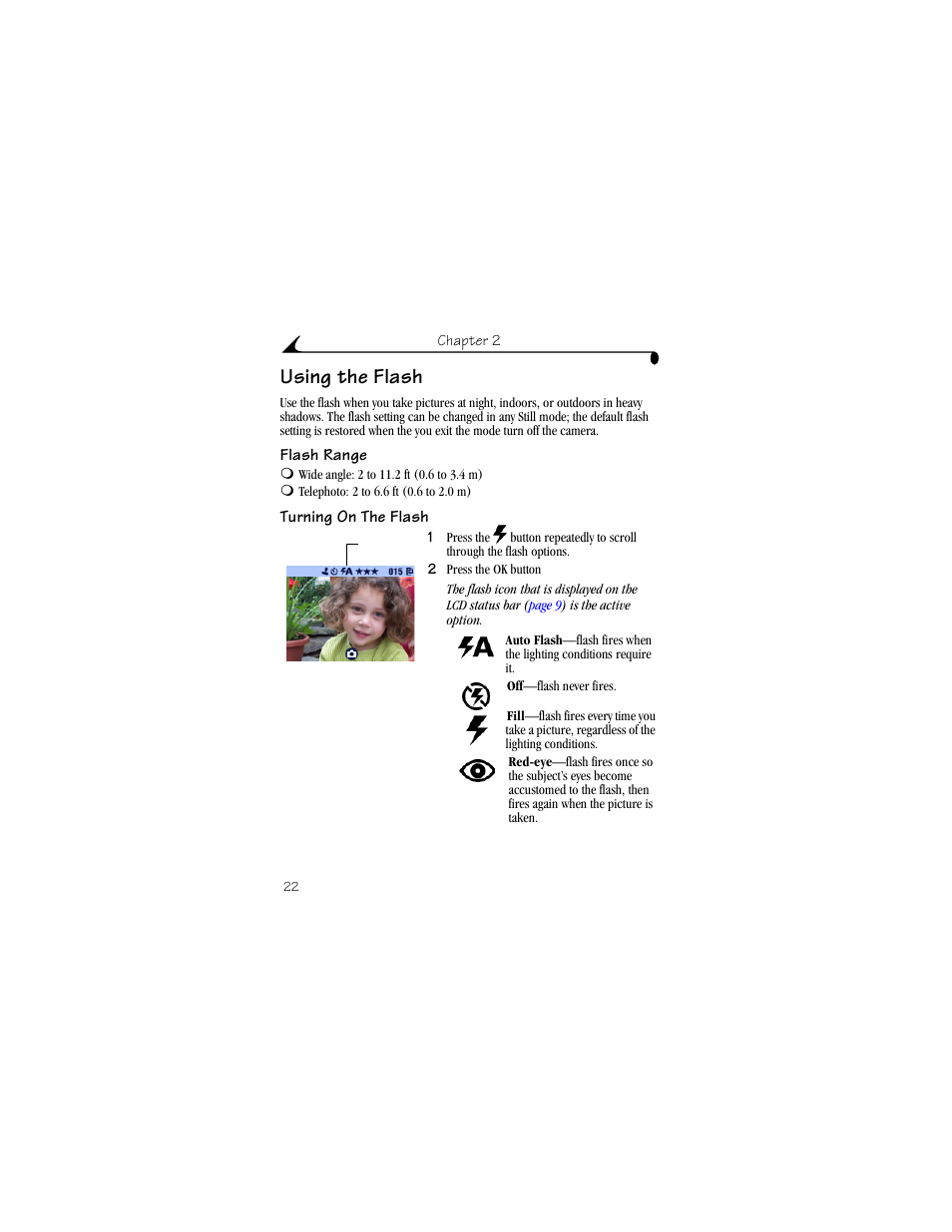 Using the flash, Flash range, Turning on the flash | Kodak DX4330 User Manual | Page 34 / 120