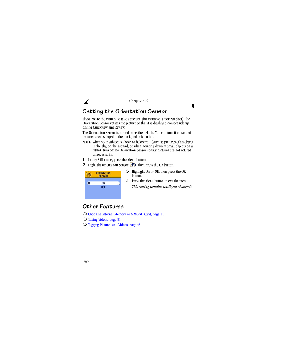 Setting the orientation sensor, Other features, Setting the orientation sensor other features | Kodak DX4330 User Manual | Page 42 / 120