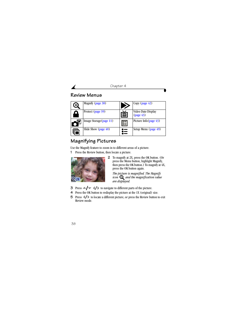 Review menus, Magnifying pictures, Review menus magnifying pictures | Kodak DX4330 User Manual | Page 50 / 120